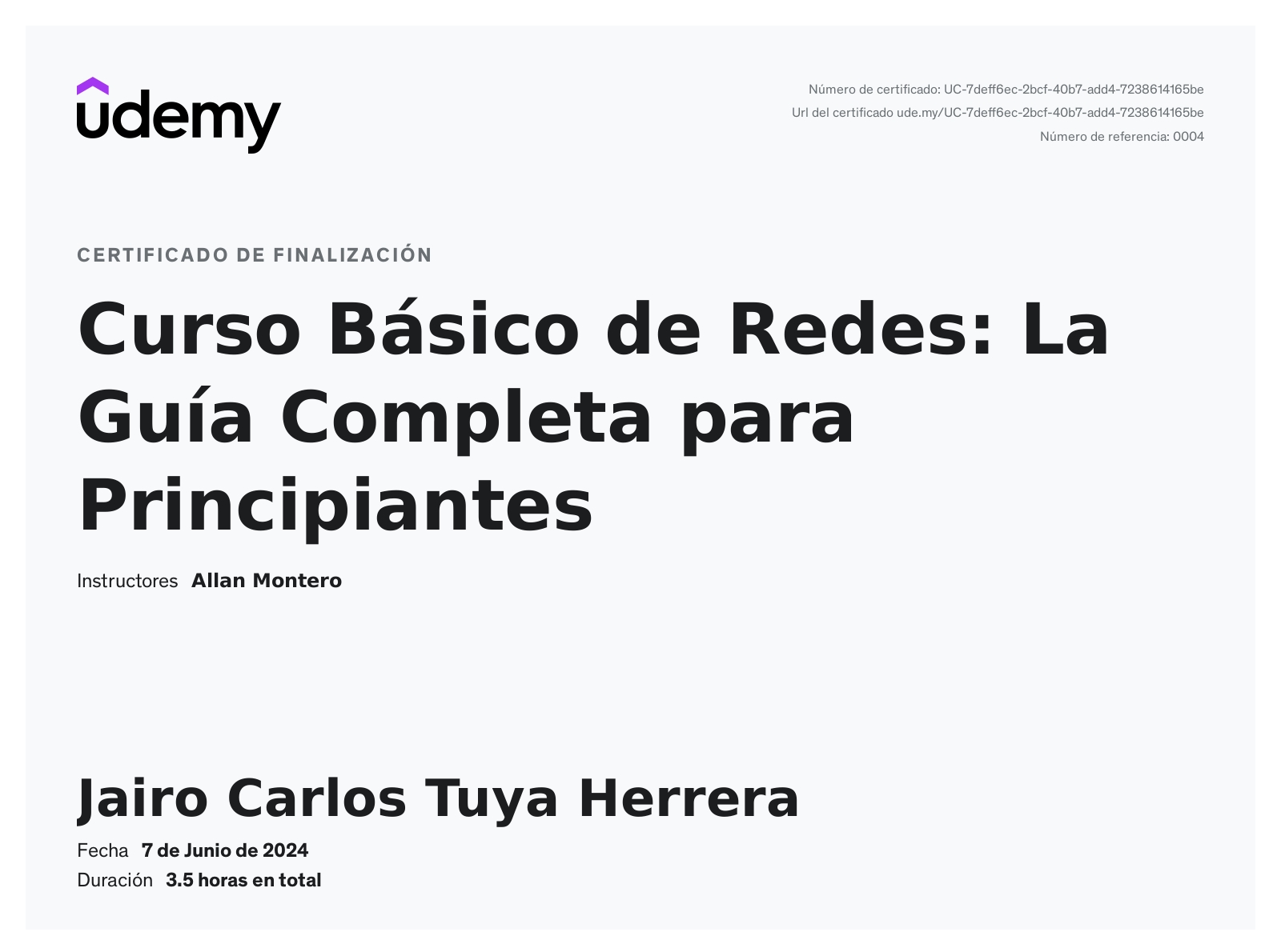 Certificado Udemy del curso de fundamentos de redes