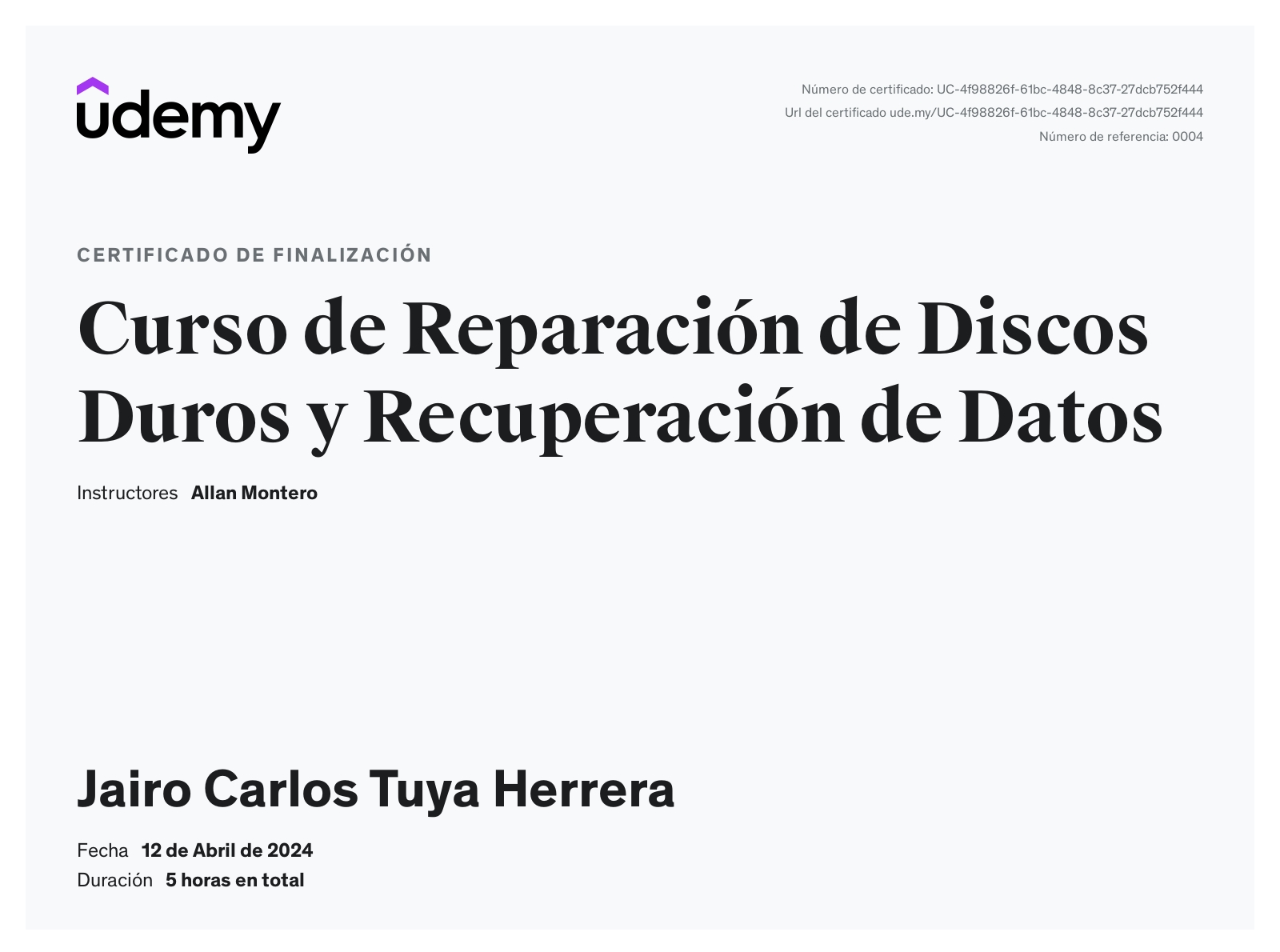 Certificado Udemy del curso de Discos Duros y Recuperación de Datos