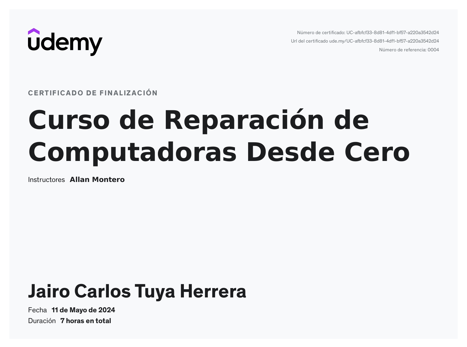 Certificado Udemy del curso de Reparación de Computadoras