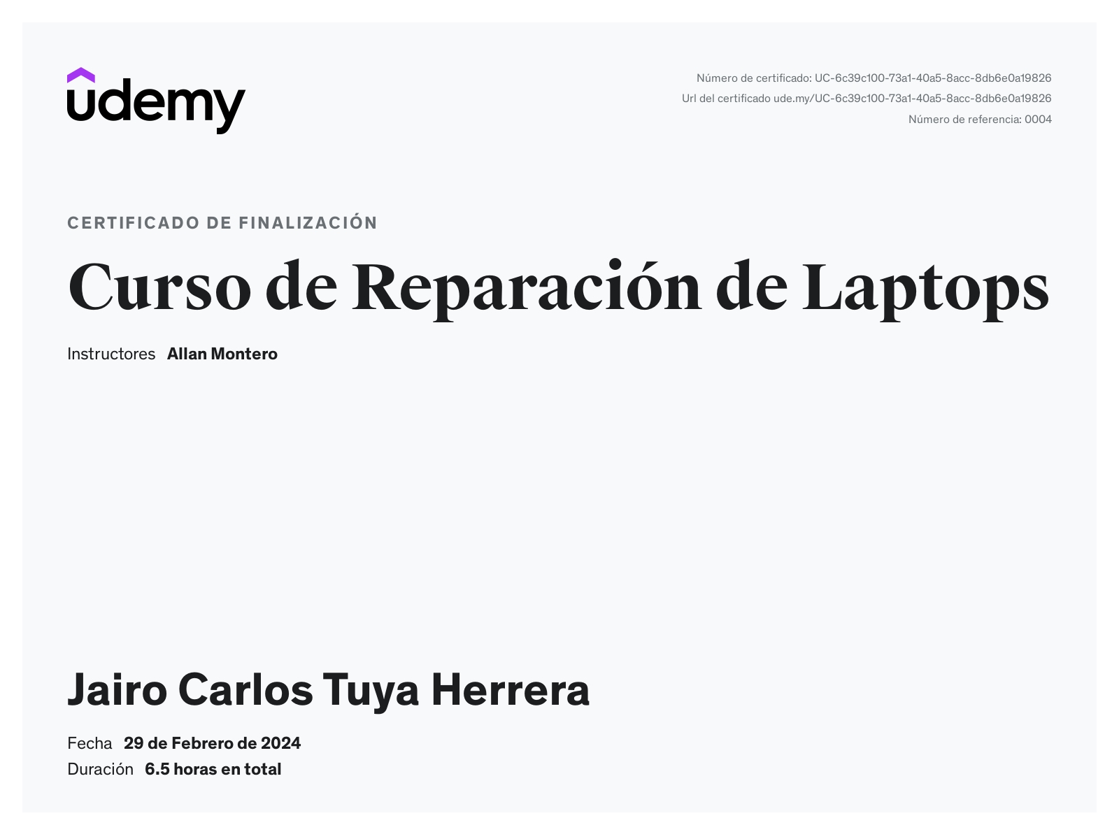 Certificado Udemy del curso de Reparación de Laptops