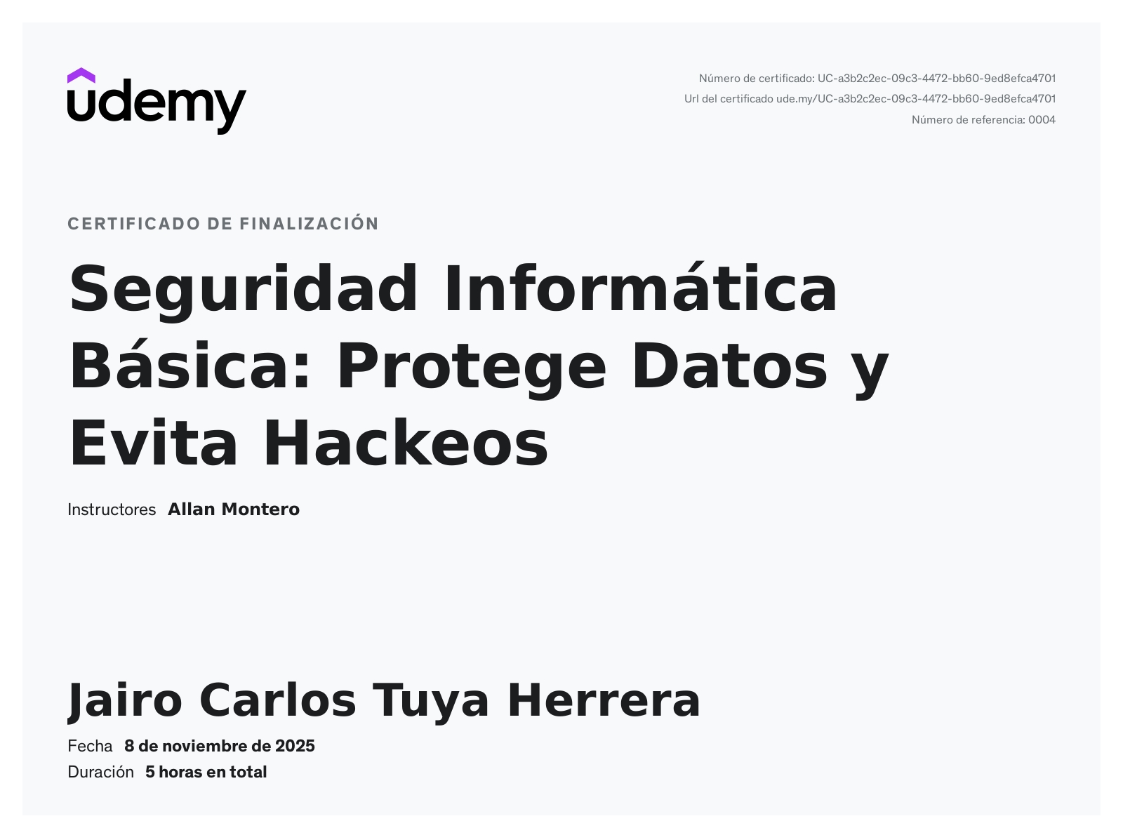Certificado Udemy del curso de Seguridad Informática